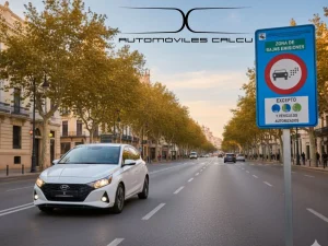 ZBE Málaga 2026: coche blanco circulando junto a una señal de Zona de Bajas Emisiones